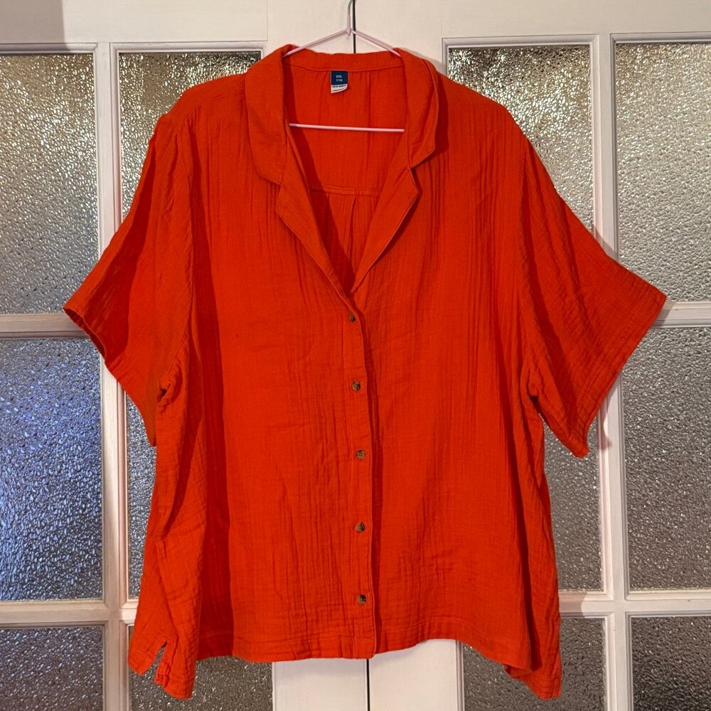 OLD NAVY Seersucker Cotton Short Sleeve Button Up Blouse ORANGE
